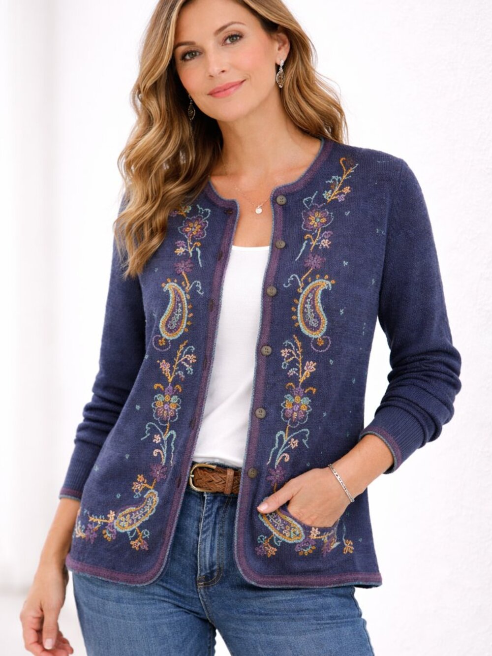 Koret Vintage Wool‎ Cardigan M Navy Floral Embroidered GrandmaCore